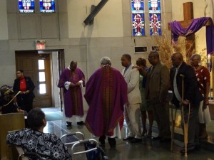 The elect and their sponsors are pictured during a recent Sunday Mass at Church of the Resurrection. Pictured from left are  Deacon Royce Winters, Precious Blood Father Dennis Chriszt, pastor, Richard Bedgood, Valarie Tokoto-Dayas, sponsors, Dexter Bedgood, elect, Phyllis Kelley, sponsor, Clyde Richard, elect, and Yvonne Scott, catechist. (Courtesy Photo)