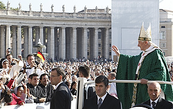 POPE GREETS FAITHFUL AS HE ARRIVES TO CELEBRATE MASS MARKING 50TH ANNIVERSARY OF OPENING OF SECOND VATICAN COUNCIL