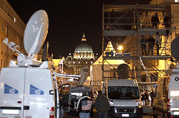 Satellite trucks and television riser seen near Vatican