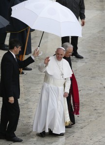 Pope waves after celebrating Mass for members of confraternities in St. Peter's Square