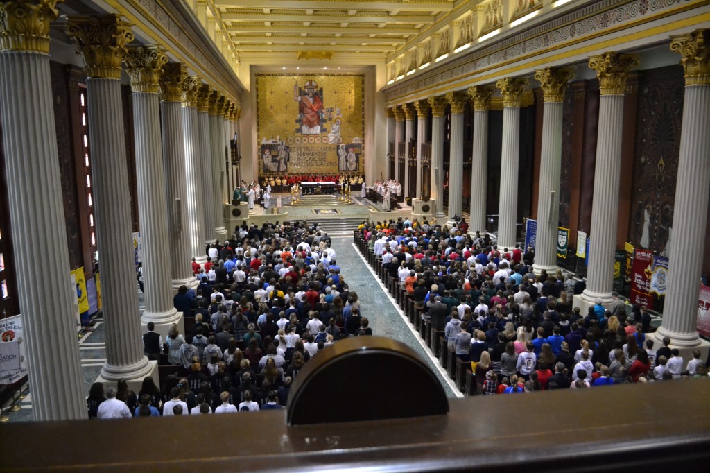 The Cathedral of St. Peter in Chains is shown full of worshippers during the 2012 Catholic Schools Week Mass. Pastor Barry Windholtz would like to see the pews full every Sunday. (CT Photo/John Stegeman)