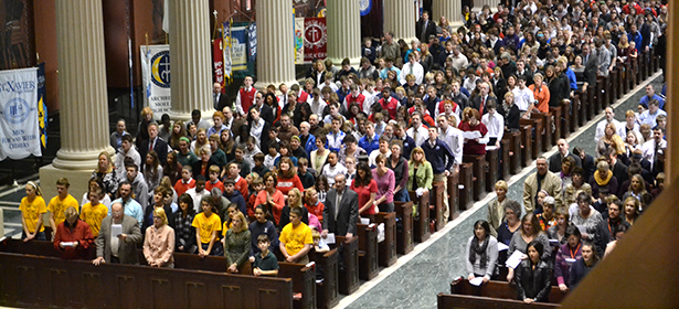Students packed the Cathedral of St. Peter in Chains for the 2013 Catholic Schools Week Mass. (CT Photo/John Stegeman)