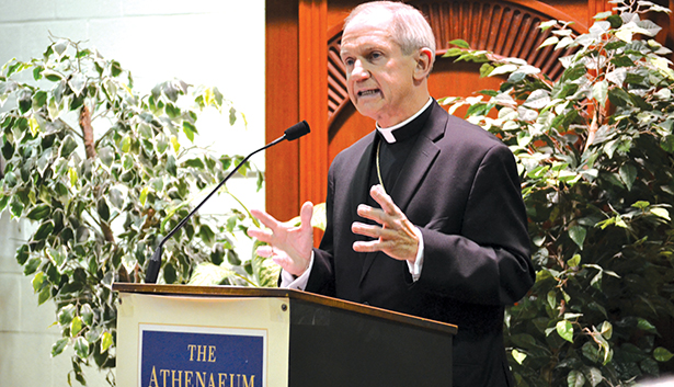 Bishop Thomas J. Paprocki of Springfield, Ill. spoke at the Athenaeum of Ohio Feb. 12 as part of the Le Blond lecture series. (CT Photo/John Stegeman)