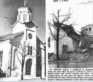 A scanned image from The Catholic Telegraph’s archive shows the church before, and after the 1974 tornado.