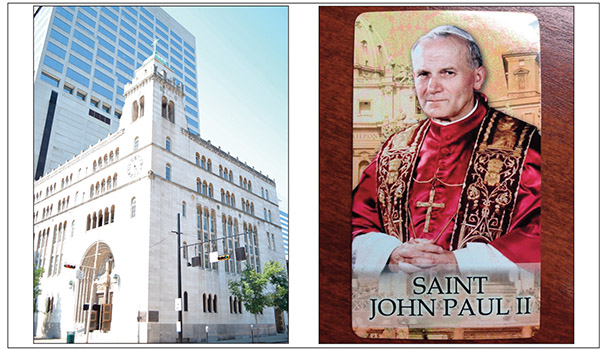 Mass goers from St. Louis Catholic Church in downtown Cincinnati (left) will be passing out Pope St. John Paul II prayer cards after the 12:10 p.m. Mass Wednesday Oct. 22. Oct. 22, 2014 is the first feast day of St. John Paul II. (CT Photo/John Stegeman)
