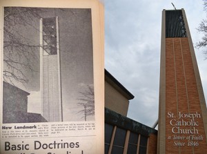 The iconic tower of St. Joseph Catholic Church, seen left in a 1965 photo from The Catholic Telegraph and seen at right April 9, 2015. (CT File & CT Photo John Stegeman)