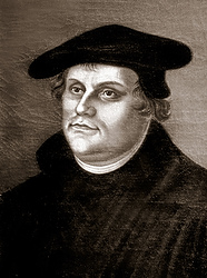 Martin Luther, a German monk, is depicted in this painting at a church in Helsingor, Denmark. His 95 theses posted on a church door in Wittenberg, Germany, in October 1517 called for reform in the Catholic Church, which set off a series of debates and led to his excommunication and the start of the Reformation about four years later. (CNS photo/Crosiers)