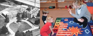 At left, St. Rita School for the Deaf is seen in an aerial photograph. Right, Classroom assistant Jennifer Estes works with St. Rita students James Schlichter and Aubrey Ernst on letter recognition. (CT File/Courtesy Photo)
