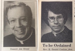 At left, Auxiliary Bishop of Cincinnati Joseph R. Binzer is seen prior to his 1994 ordination. At right, Bishop Robert D. Conlon is seen prior to his ordination in 1977. (CT Files)
