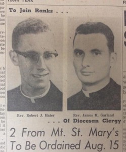 Bishop James Garland, pictured at right with a fellow ordinand, is seen prior to his ordination as a priest in 1959. (CT File)