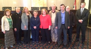 Delegates from the Dayton-area of teh Archdiocese at the Ohio Statehouse: Pat Rooney, Fr. David Vincent, Kathy Trangenstein, Maryellen Fargey, Pam Long, Bob Niehoff, Josh Danis, Ron Bird, and Senate President Keith Faber aide, Tom. (Courtesy Photo)