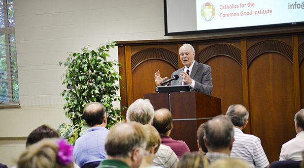 William B. May, president of Catholics for the Common Good, speaks at the Athenaeum of Ohio's Bartlett Center July 19. (CT Photo/John Stegeman)