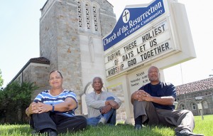 File photo of Tess Wilfong, left, John Jones and Deacon Royce Winters pose in front of the Church of the Resurrection. (CT Photo/E.L. Hubbard) 