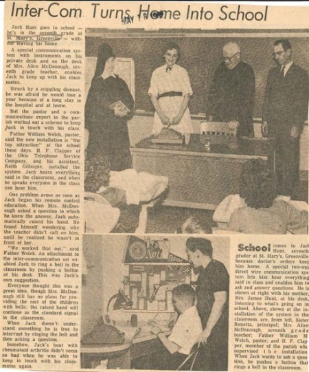 This article comes from the May 18, 1962 edition of The Catholic Telegraph-Register. It tells of a young boy who is able to learn at home via intercom technology. (CT File)