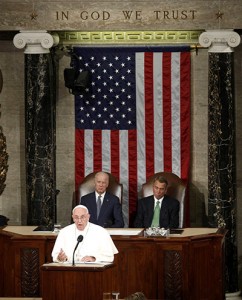 Pope Francis addresses a joint meeting of the U.S. Congress as Vice President Joe Biden (left) and Speaker of the House John Boehner look on in the House of Representatives Chamber at the U.S. Capitol in Washington Sept. 24. (CNS photo/Kevin Lamarque, Reuters)  