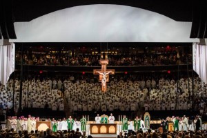 Pope Francis celebrates Mass at Madison Square Garden in New York Sept. 25, day four of his six-day visit to the United States. (CNS photo/Andrew Burton, pool) 