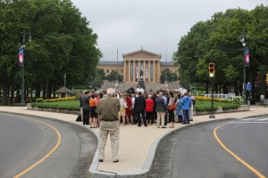 Members of the media gather near the Philadelphia Museum of Art along Benjamin Franklin Parkway in Philadelphia  during a July 9 preview tour for Pope Francis' trip to the U.S. in September. (CNS photo/Bob Roller)