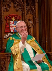 Pope Francis gestures as Cardinal Timothy M. Dolan speaks during an evening prayer service with in St. Patrick's Cathedral in New York Sept. 24. (CNS photo/Mike Crupi)
