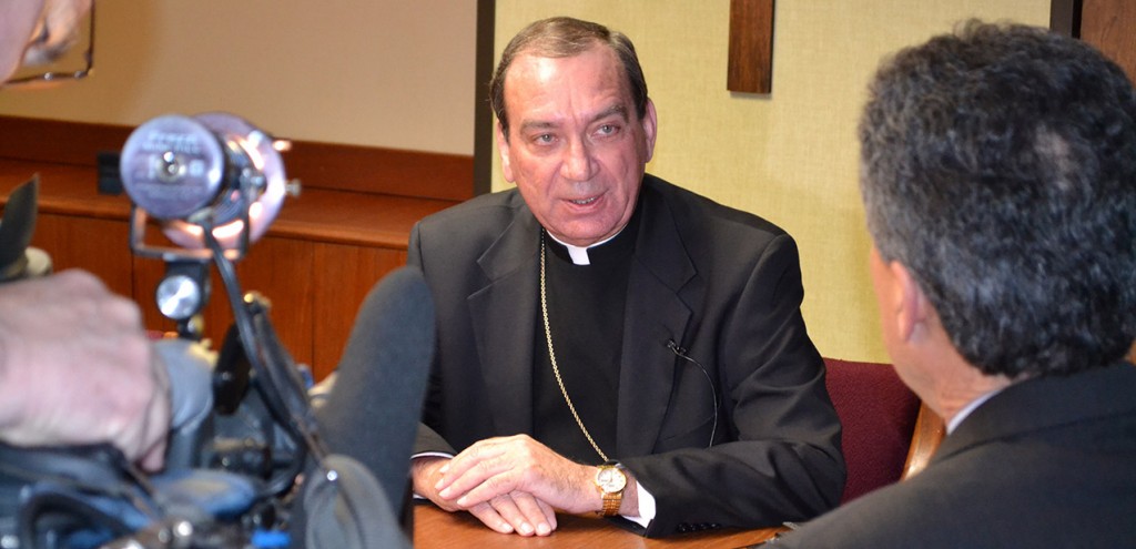 Archbishop of Cincinnati Dennis M. Schnurr speaks with local media at the Archdiocese of Cincinnati central office building in 2013. Archbishop Schnurr was elected USCCB treasurer-elect at the conference’s general assembly Nov. 17. (CT Photo/John Stegeman)