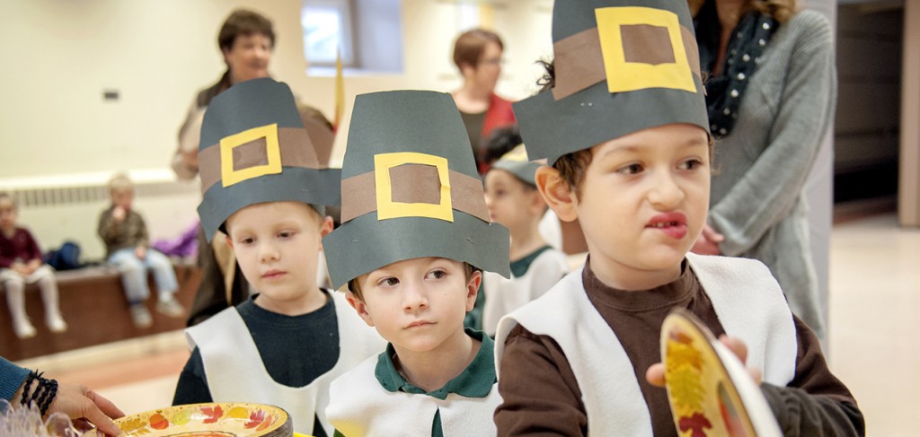 Catholic school students, join other kindergartners in line for a feast Nov. 20 during a Thanksgiving celebration at St. Patrick School in Owego, N.Y.  (CNS photo/Mike Crupi, Catholic Courier)