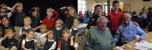 Students from Guardian Angels school, left, salute during a Veteran's Day celebration. At right, participants smile for the camera at a St. Susanna event honoring veterans. (Courtesy Photos)