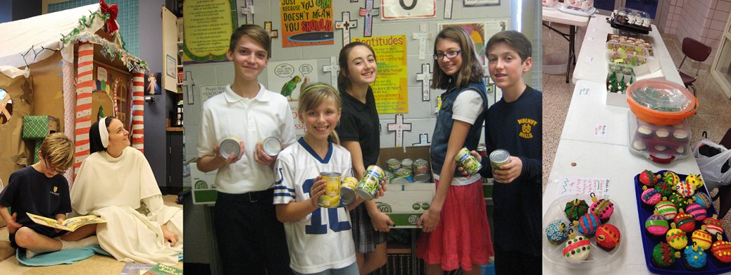 At left, a Domincan sister helps a St. Gertrude student with reading. Center, St. Dominic students raised 1,500 food items. At right, McAuley students sold cupcakes to benefit classmates in need. (Courtesy Photos)
