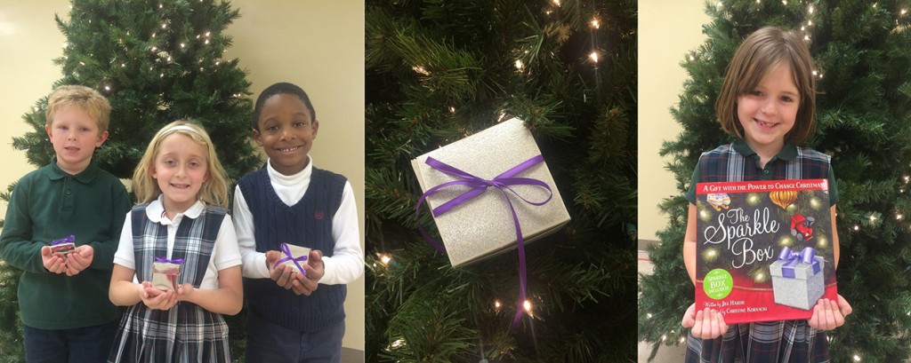 Students from St. Vincent Ferrer received a Sparkle Box last week. Shown at left are Aaron Muse, Ada Rohrkemper, and Joshua O'Neale. At right is Josilyn Bodart. (Courtesy Photos)