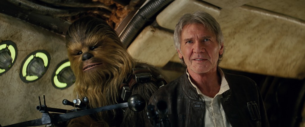 Chewbacca, played by Peter Mayhew, and Harrison Ford star in a scene from the movie "Star Wars: The Force Awakens." The Catholic News Service classification is A-II -- adults and adolescents. The Motion Picture Association of America rating is PG-13 -- parents strongly cautioned. Some material may be inappropriate for children under 13. (CNS photo/Disney) 