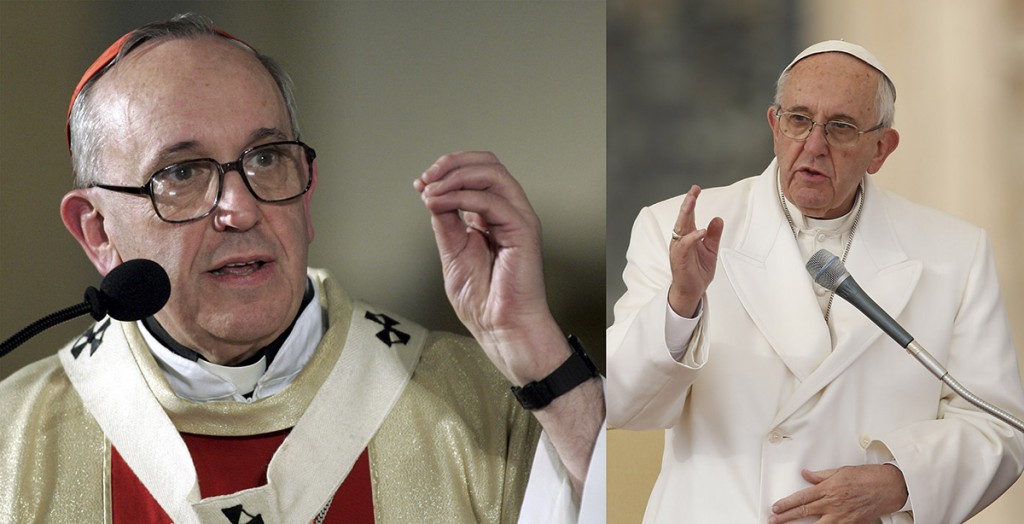 At right, Pope Francis is seen in a 2005 CNS photo when he was known as Cardinal Jose Mario Bergoglio. At right, the pontiff delivers his blessing during his general audience in St. Peter's Square at the Vatican Dec. 16. The Holy Father turned 79 Dec. 17. (CNS photo/Paul Haring) 