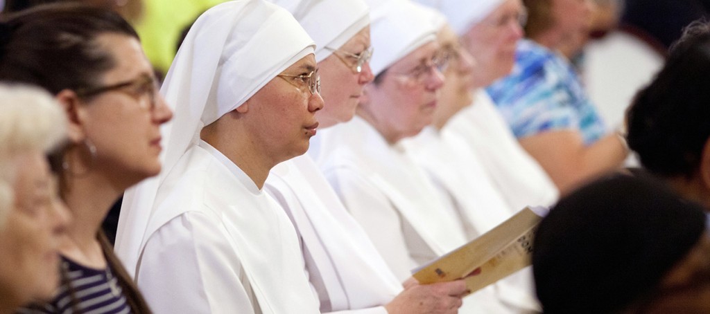 Members of the Little Sisters of the Poor attend the 2014 celebration of the third annual Fortnight for Freedom Mass at the Basilica of the National Shrine of the Assumption of the Blessed Virgin Mary in Baltimore. The 10th U.S. Circuit Court of Appeals ruled July 14 the Little Sisters and other religious entities are not substantially burdened by federal procedures that would enable them to avoid providing contraceptives in health insurance coverage. (CNS photo/Tom McCarthy Jr., Catholic Review) 