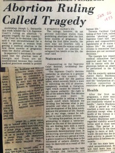 A clipping shows the headline from the first edition of The Catholic Telegraph following the Roe vs. Wade decision in 1973. (CT File)