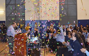 Students and staff of DePaul Cristo Rey High School celebrate 100 percent college acceptance of this year's senior class. (Courtesy Photo)