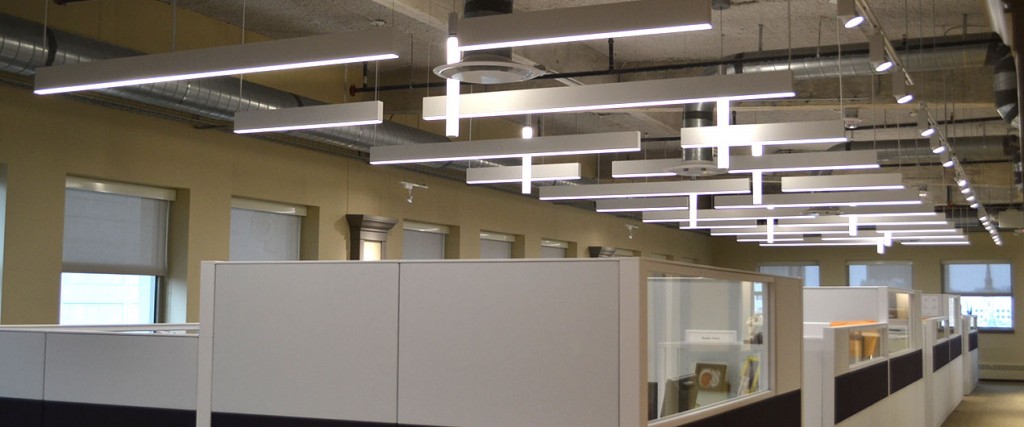 LED light fixtures, like the unique ones seen here, are a major part of energy efficient updates taking place in parishes across the Archdiocese of Cincinnati. The light fixtures pictured are on the ninth floor of the Archdiocese of Cincinnati Central Offices in downtown Cincinnati. (CT Photo/John Stegeman)