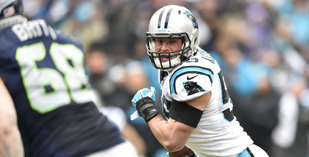 Carolina Panthers middle linebacker Luke Kuechly returns an interception for a touchdown Jan. 17 against the Seattle Seahawks in the first quarter of the NFC Divisional round playoff game in Charlotte, N.C. Kuechly, who will be the starting linebacker when the Panthers play the Denver Broncos in the Feb. 7 Super Bowl, credits his parents and his Catholic faith for making a positive impact on his NFL career and his outlook on life. (CNS photo/Bob Donnan-USA TODAY Sports via Reuters) 