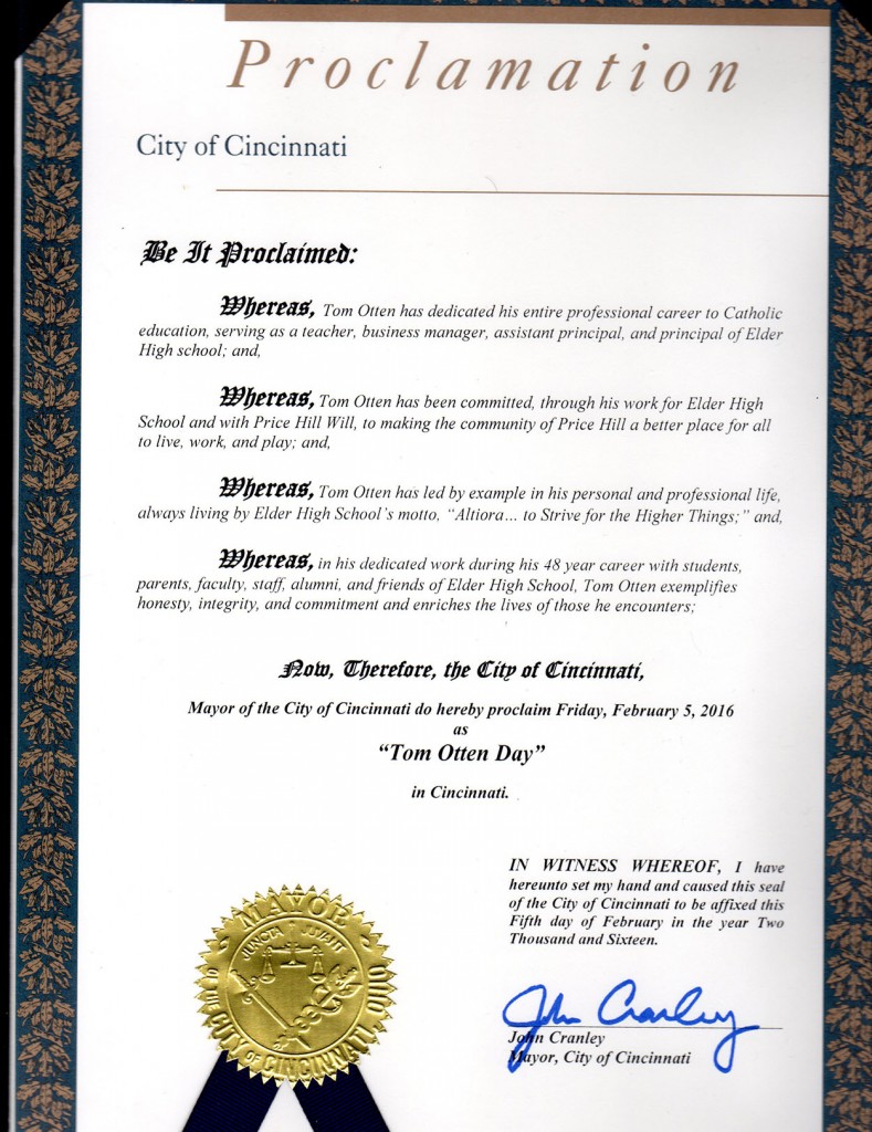 The official proclamation declaring Feb. 5, 2016 Tom Otten Day in the City of Cincinnati. (Courtesy of Elder High School)