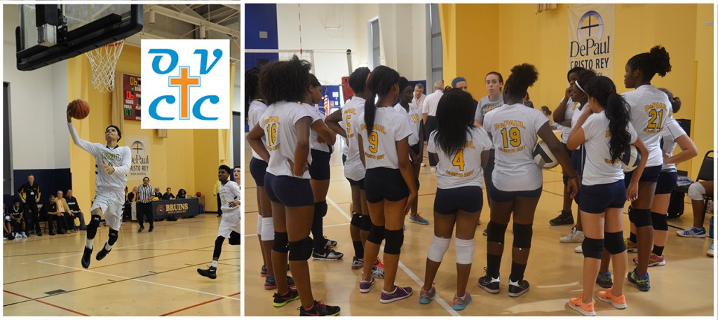 Basketball, left, and volleyball are two of the sports offered at DePaul Cristo Rey High School. The Bruins' sports teams will compete in the Ohio Valley Christian Conference beginning next fall. (Courtesy Photos)
