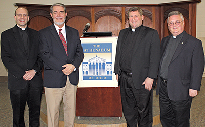 Father David Endres, Dr. Scott Hahn, Father Andrew Umberg, and Father Benedict O’Cinnsealaigh at Mount St. Mary's Seminary on April 15. (Courtesy Photo)