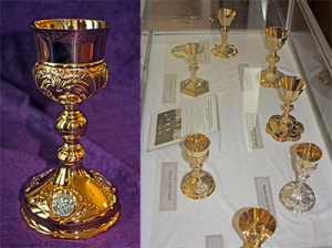 The chalices of Mount St. Mary's seminarians scheduled to be ordained priests are on display in the seminary library. (Courtesy Photo)