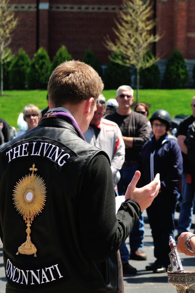 Father Ethan Moore's vest is seen during the blessing of the bikes April 24. (CT Photo/Jeff Unroe)