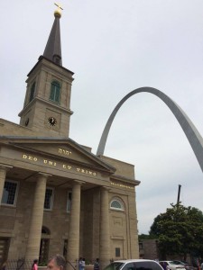The Basilica of St. Louis, King of France, is seen near the Gateway Arch in St. Louis, MO. St. Louis hosted the 2016 Catholic Media Conference. (CT Photo/John Stegeman)