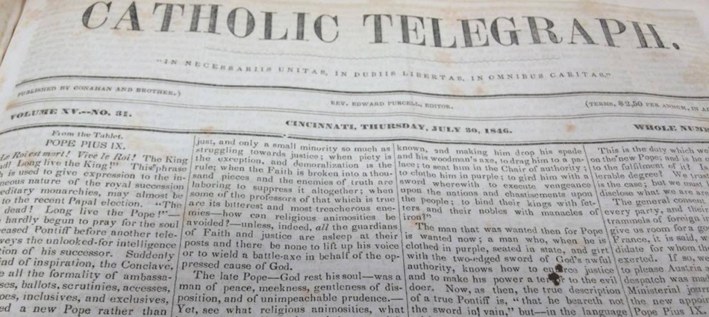The front page of the July 30, 1846 edition of The Catholic Telegraph reported the election of Pope Pius IX. (Courtesy Archdiocese of Cincinnati Chancery Archives)