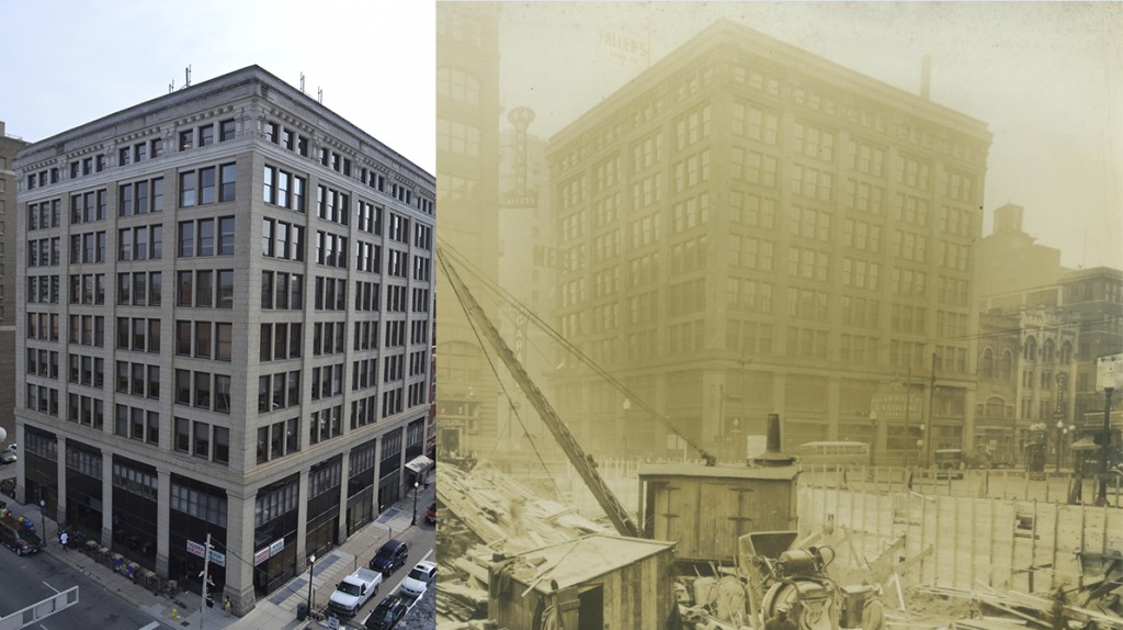 A side-by-side photo shows 100 E. 8th Street in downtown Cincinnati, home of the Archdiocese of Cincinnati Central Offices, in 2015 (left) and in 1928. (CT Photo/Archives Photo)