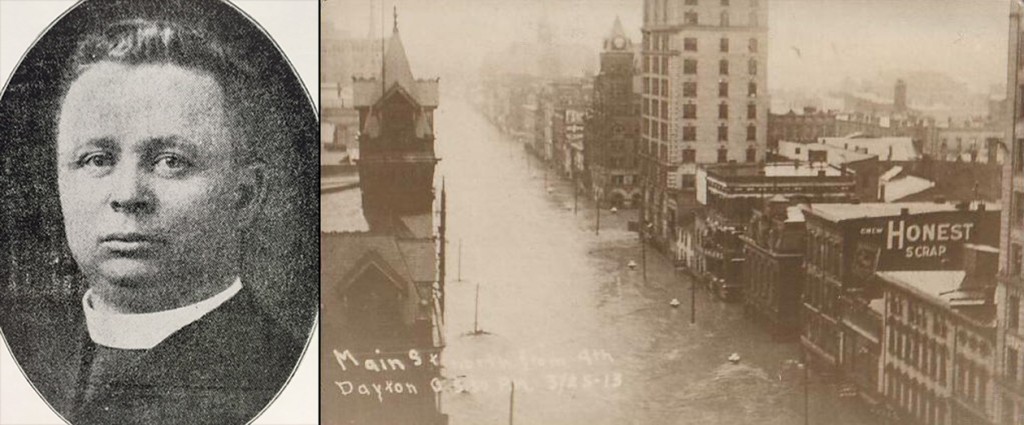 Father Charles Polichek, left, was a Dayton pastor whose congregation was affected by the flood. At right, Main Street in Dayton is submerged during the 1913 flood. (Fr. Polichek courtesy of Archives, flood photo public domain.)