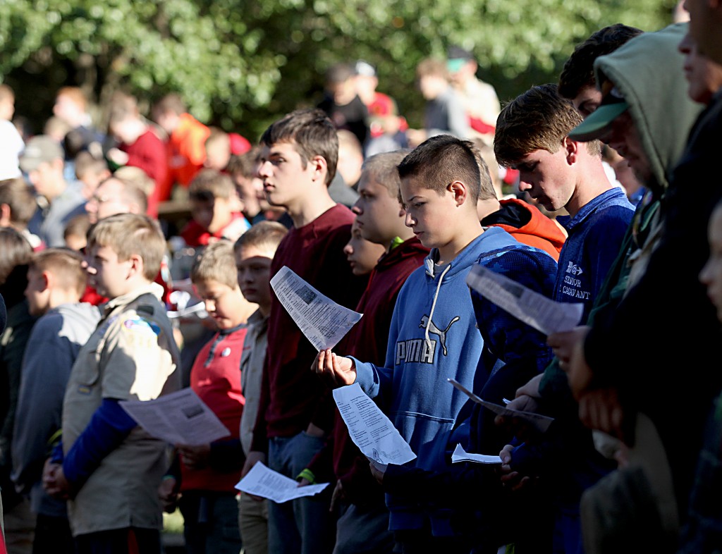 Scouts sing during the Peterloon Camporee Mass at Camp Friedlander in Loveland Sunday, October 9, 2016 .(CT Photo/E.L. Hubbard)