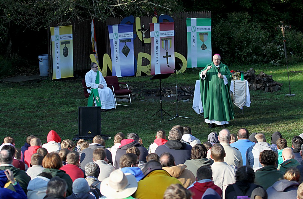 (CT Photo/E.L. Hubbard) Bishop Joseph Binzer delivers his Homily during the Peterloon Camporee Mass at Camp Friedlander in Loveland Sunday, October 9, 2016.