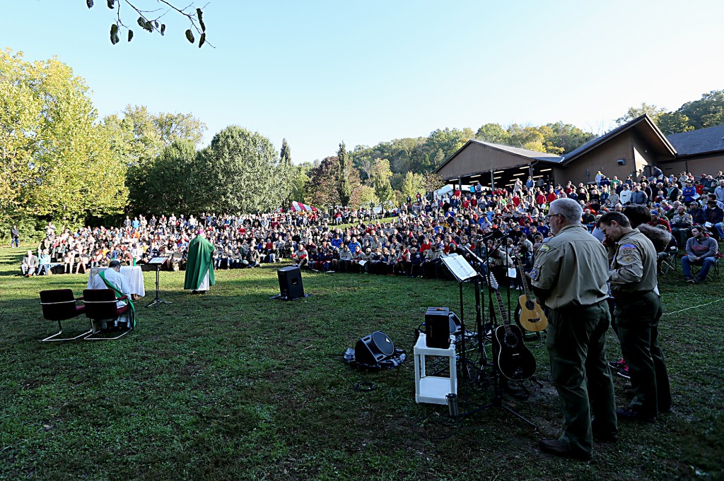 Bishop Joseph Binzer delivers his Homily during the Peterloon Camporee Mass at Camp Friedlander in Loveland Sunday, October 9, 2016. (CT Photo/E.L. Hubbard)