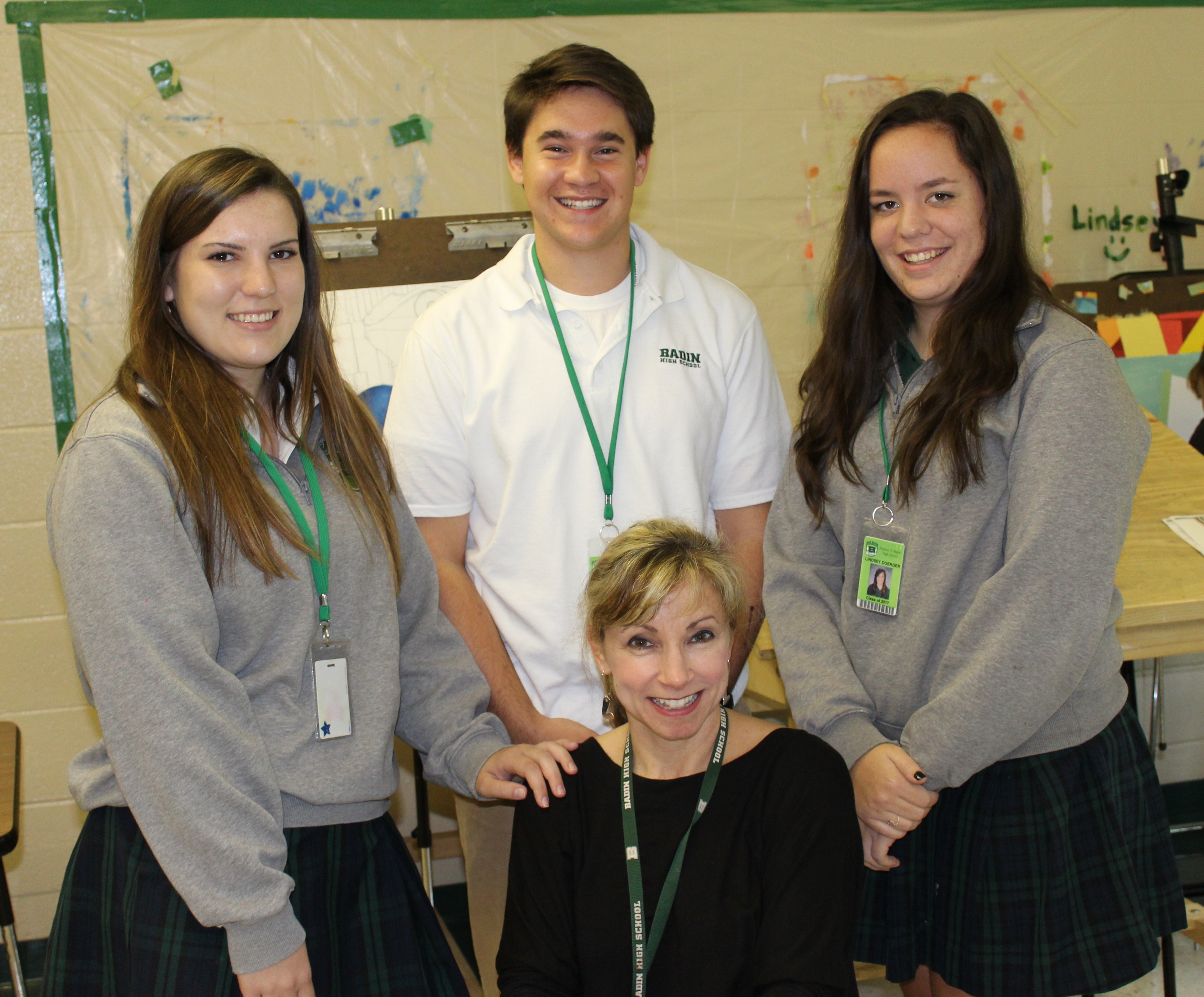 From left in the photo are Badin seniors Claire Smith, Dominic Grime and Lindsey Doerger, with art teacher Mrs. Sarah Daniels in front. (Courtesy Photo)