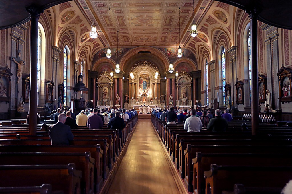 Men gather in Old St. Mary’s Church after the Men's Holy Name Society Eucharistic Procession through downtown Cincinnati on Saturday, October 8, 2016. (CT Photo/E.L. Hubbard)