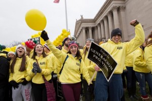 Members of the Crusaders for Life hold signs and cheer during the March for Life in Washington Jan. 22, the 43rd anniversary of the U.S. Supreme Court's Roe v. Wade decision legalizing abortion. (CNS photo/Jaclyn Lippelmann, Catholic Standard) 