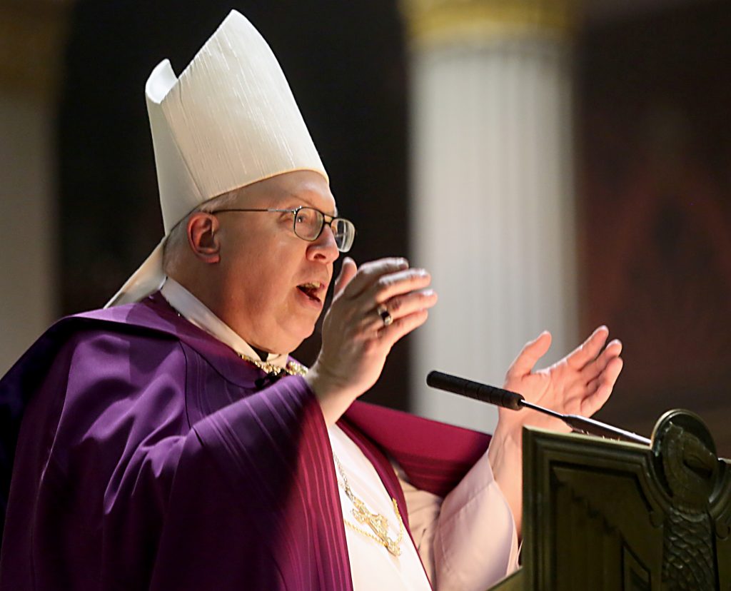 Auxiliary Bishop Joseph Binzer delivers his Homily during the Rite of Election of Catechumens and of the Call to Continuing Conversion of Candidates who are preparing for Confirmation and Eucharist or Reception into Full Communion with the Roman Catholic Church at the Cathedral of St. Peter in Chains in Cincinnati Sunday, Mar. 5, 2017. (CT PHOTO/E.L. HUBBARD)